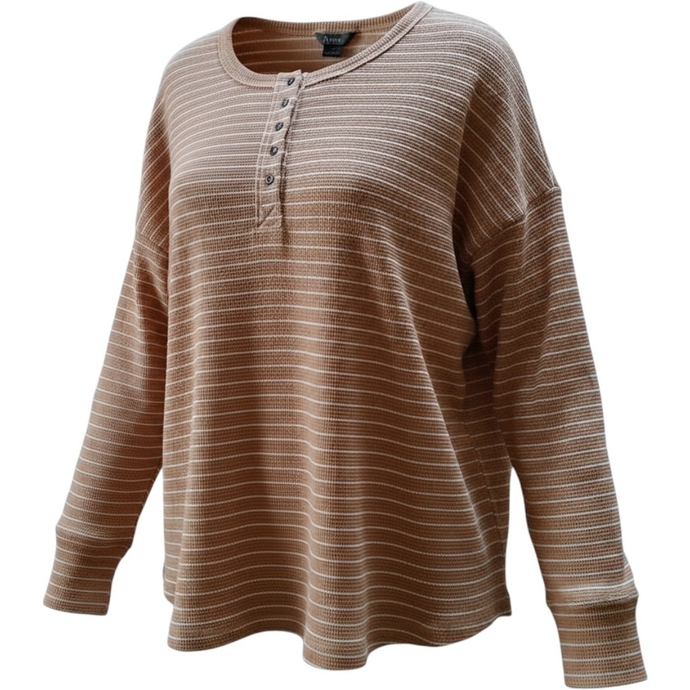 Natural Reflections Tan Striped Waffle Knit Henley XL Gorpcore Earthy Outdoors